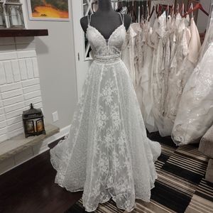 Ella Rosa BE505 Dove Grey/Ivory 14 BoHo Lace Wedding Dress
